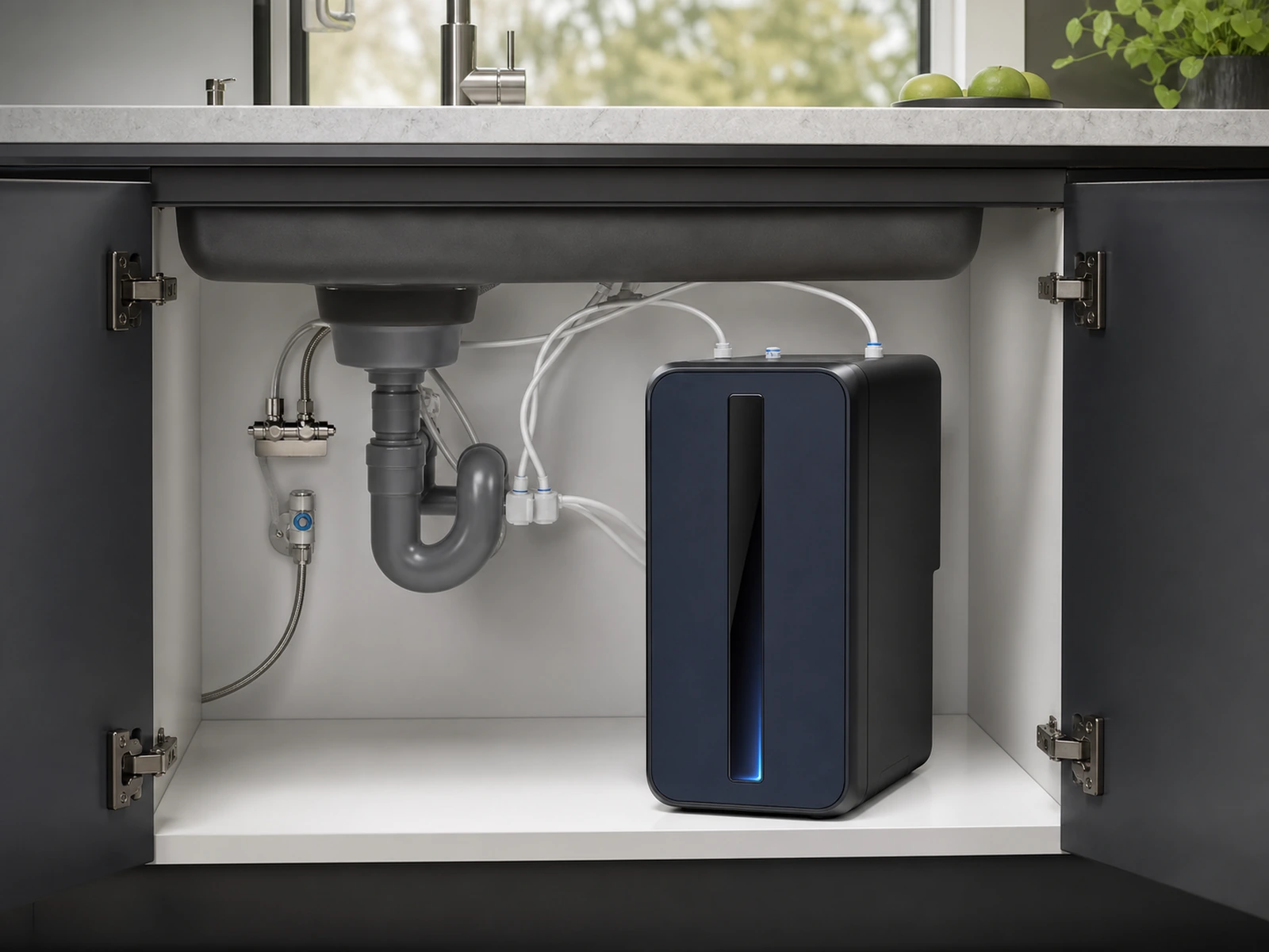 Premium tankless under-sink reverse osmosis purifier installed inside a modern kitchen cabinet