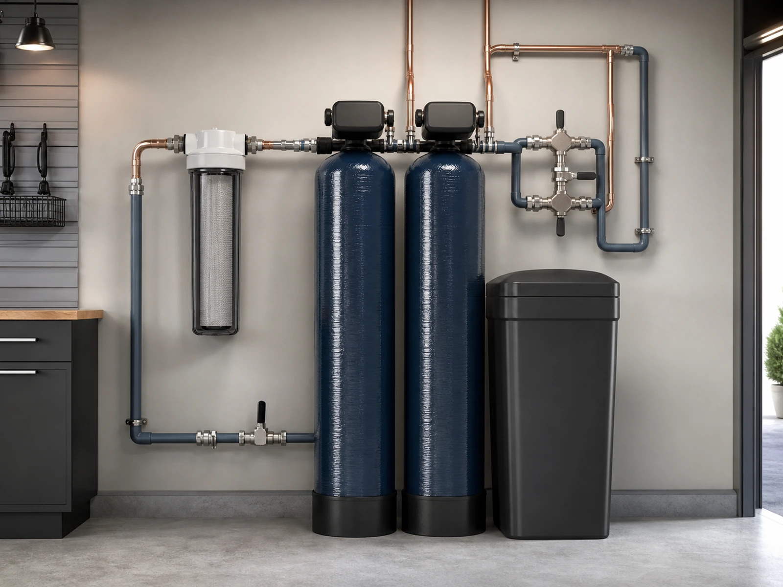 Whole-house water filtration and softening system with media tanks, pre-filter, brine tank and wall plumbing