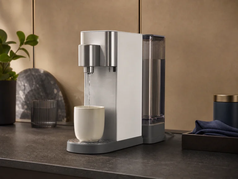 Compact instant hot water dispenser filling a ceramic cup on a refined kitchen counter