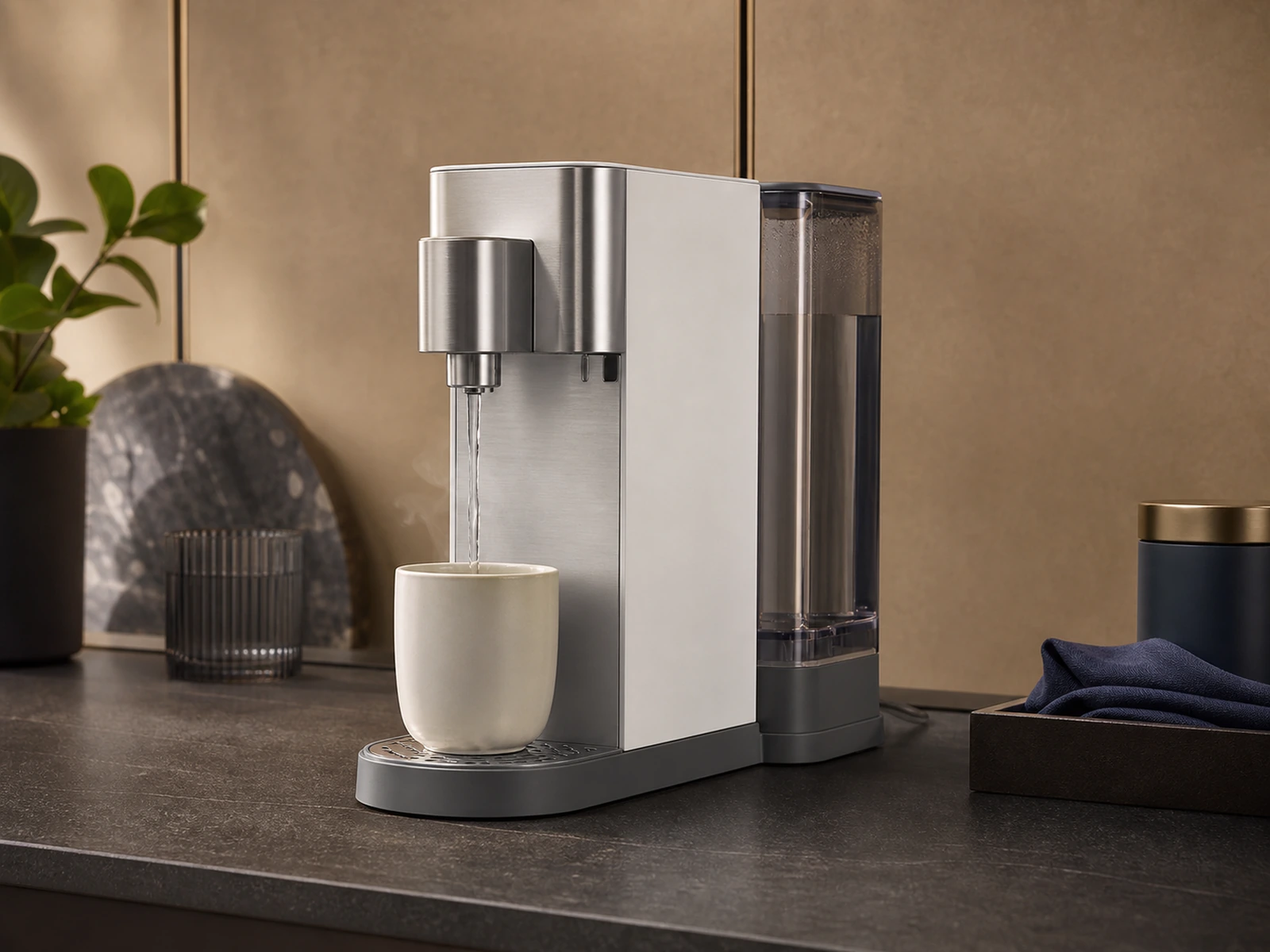 Compact instant hot water dispenser filling a ceramic cup on a refined kitchen counter