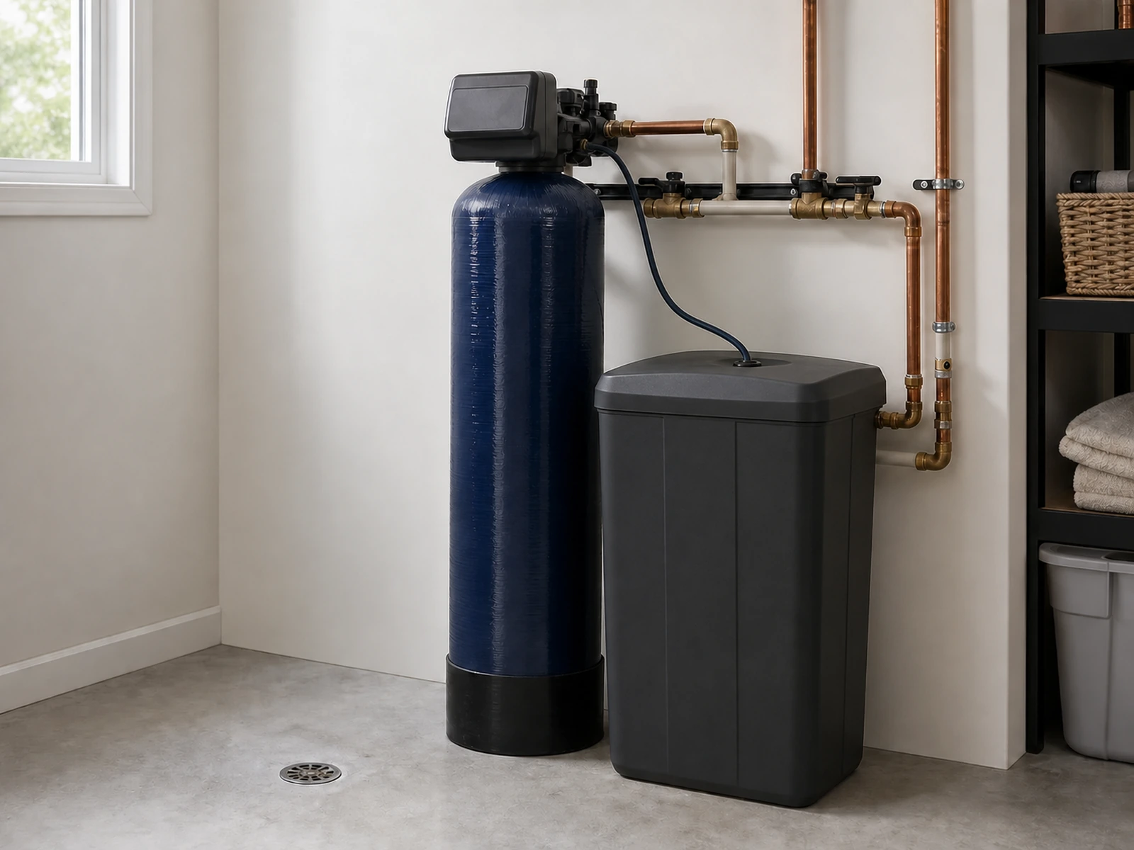 Residential water softener with resin tank, control valve, brine cabinet and bypass plumbing