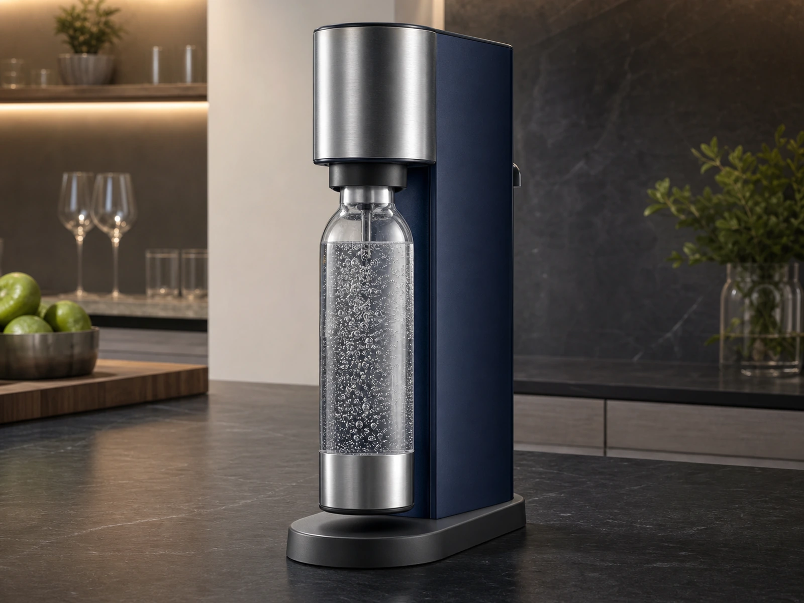 Countertop sparkling water maker carbonating a clear reusable bottle in a modern kitchen