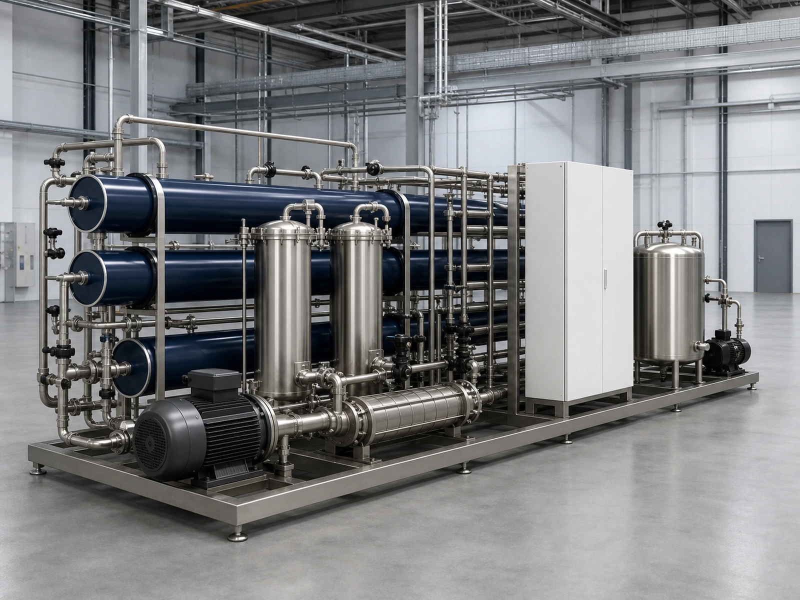 Generic large industrial reverse osmosis treatment skid with membrane vessels, pumps and stainless pipework