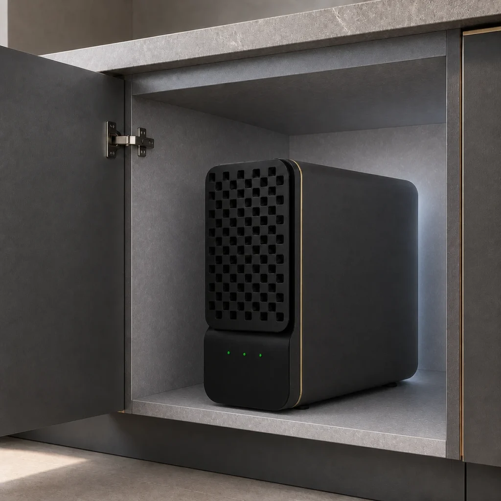 A30 compact black and gold dual-water purifier in a graphite cabinet setting