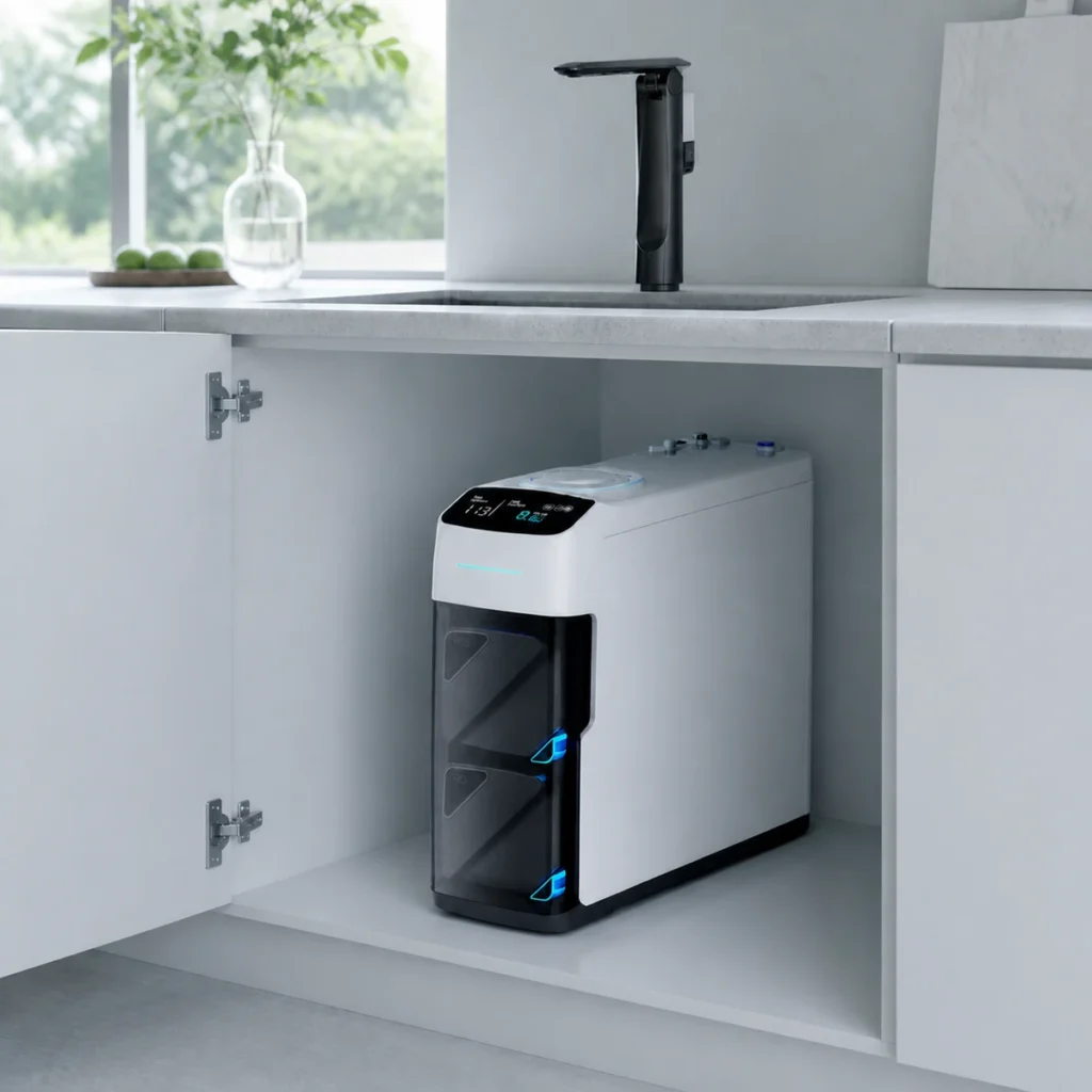 A50 high-flow under-sink purifier in a cool blue-white cabinet setting
