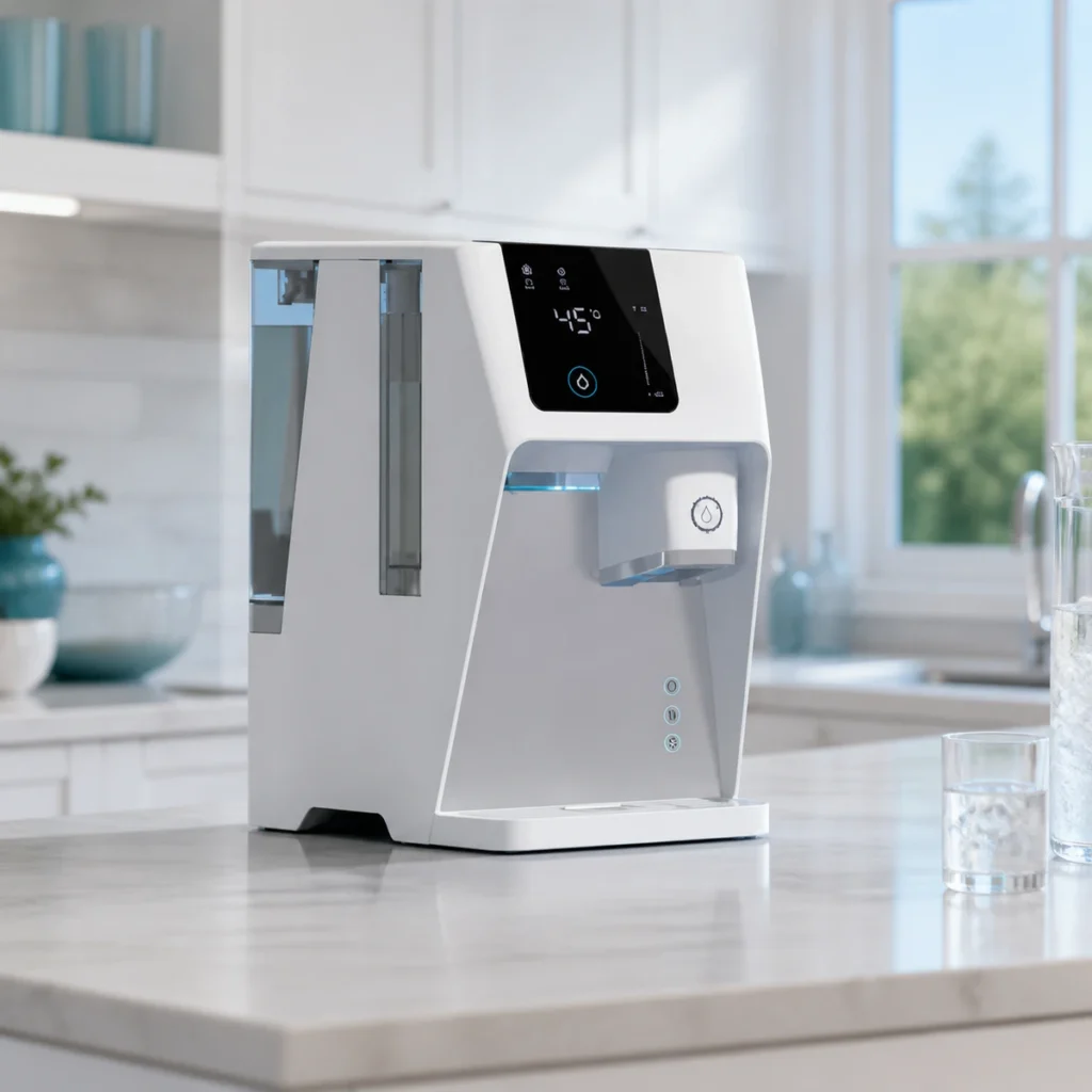 P80 countertop purifier in a bright blue-white kitchen setting