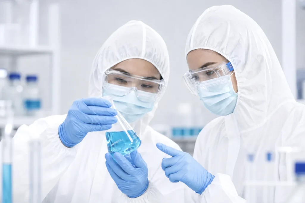 Technicians reviewing a laboratory sample in protective equipment