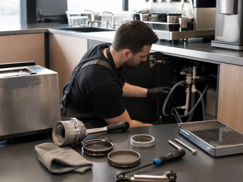 Technician reviewing café water connections during a maintenance window.