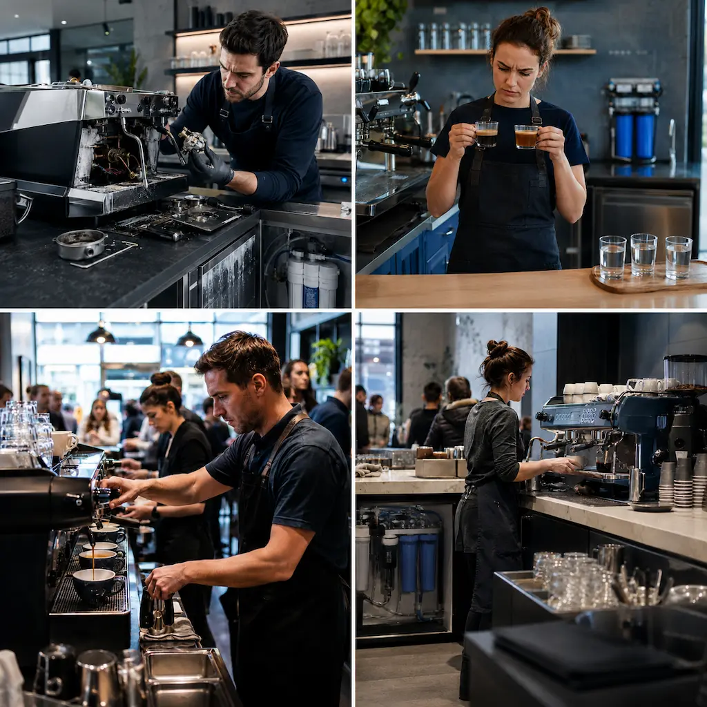 Café work areas showing service, maintenance and water-point questions.