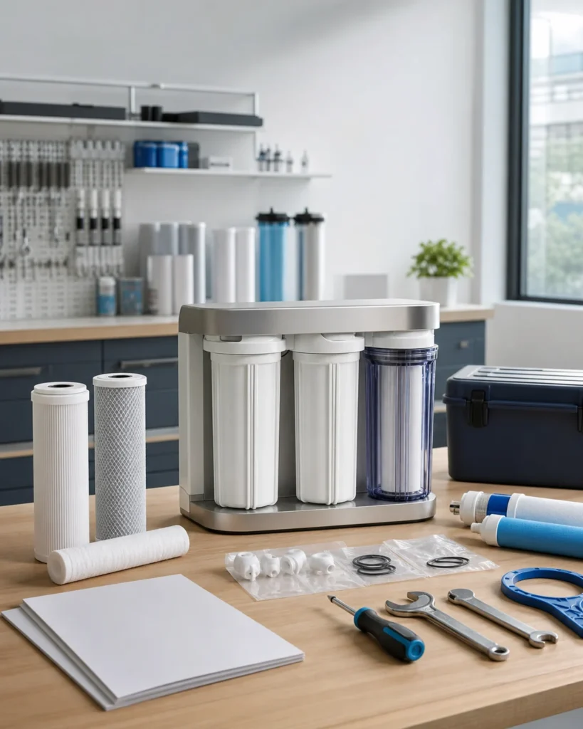 Water filtration service preparation with components and tools