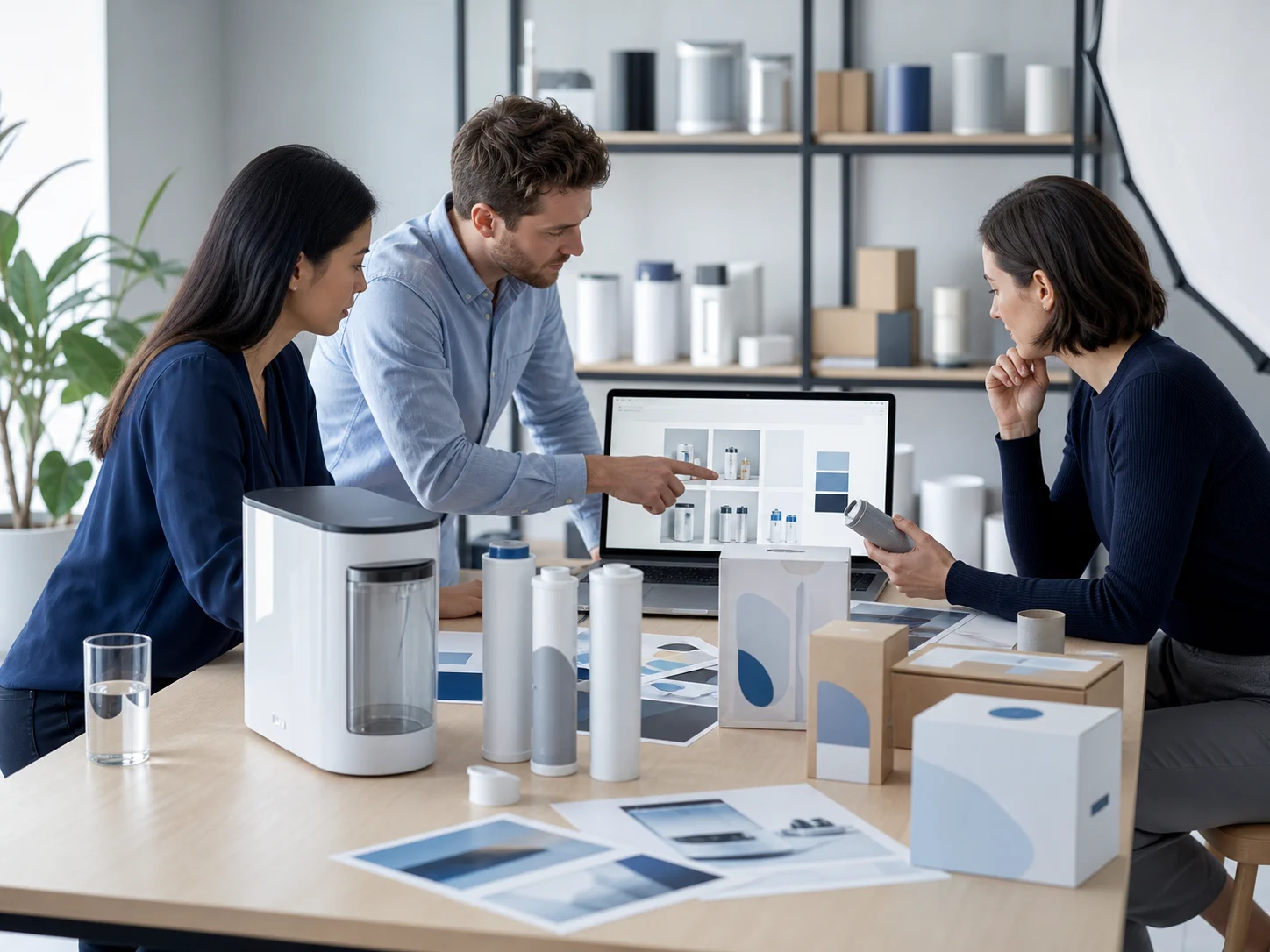 Illustrative AI-generated scene of a team planning unbranded water-purification listing and packaging assets
