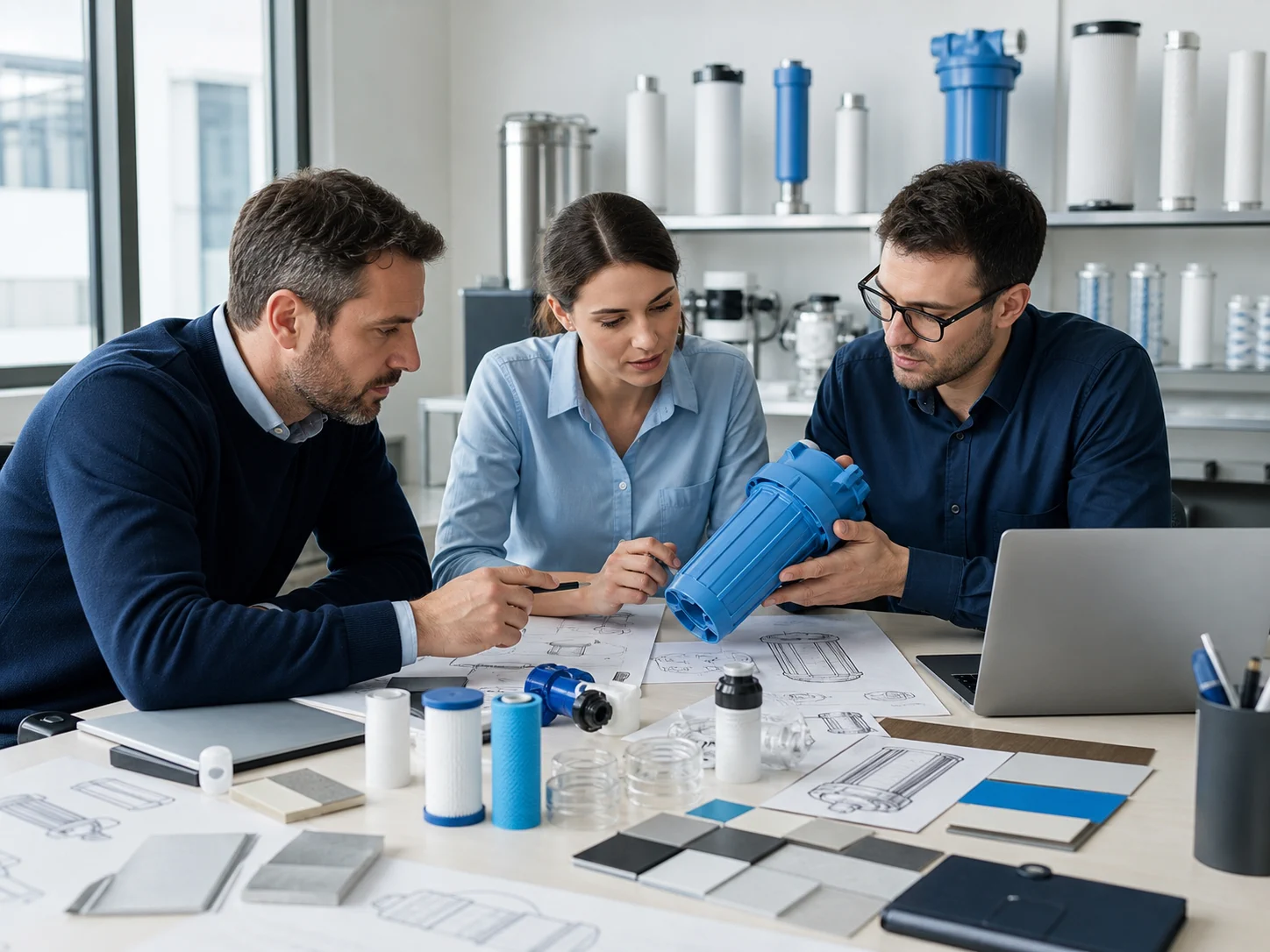 Illustrative AI-generated scene of a team reviewing water-purification prototypes and components.