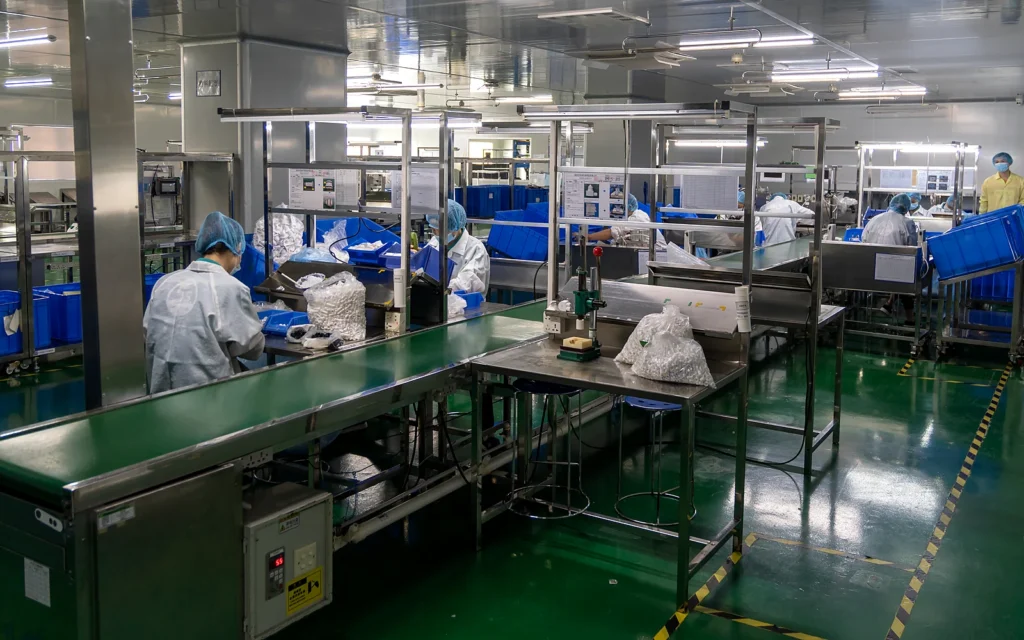 Assembly area panorama with personnel working at production stations