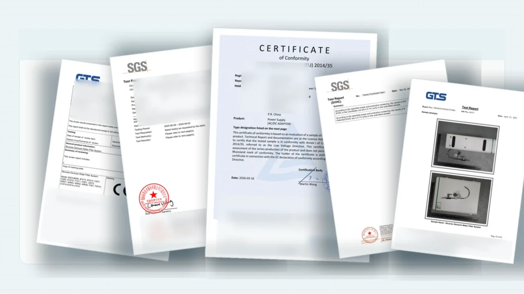 Layered certification and test report pages shown as a softened documentation preview