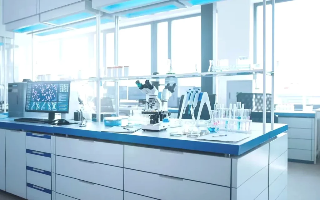 Laboratory testing bench equipment arranged for microscope and sample checks