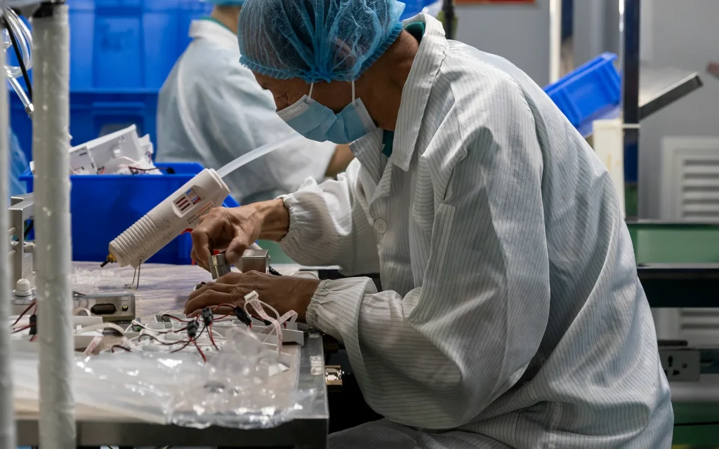 Close assembly process with protected workers handling components