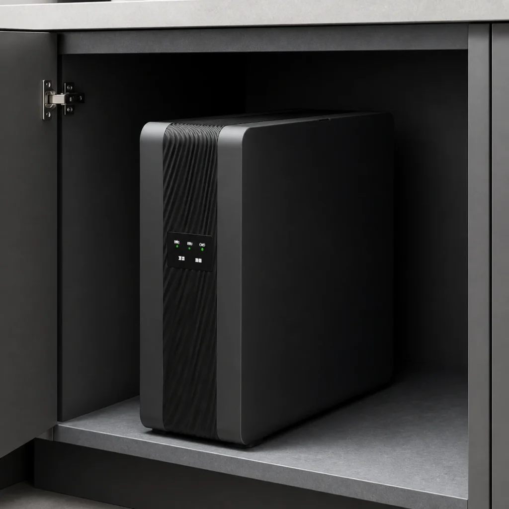 D50 whole-kitchen purifier in a dark graphite under-sink setting