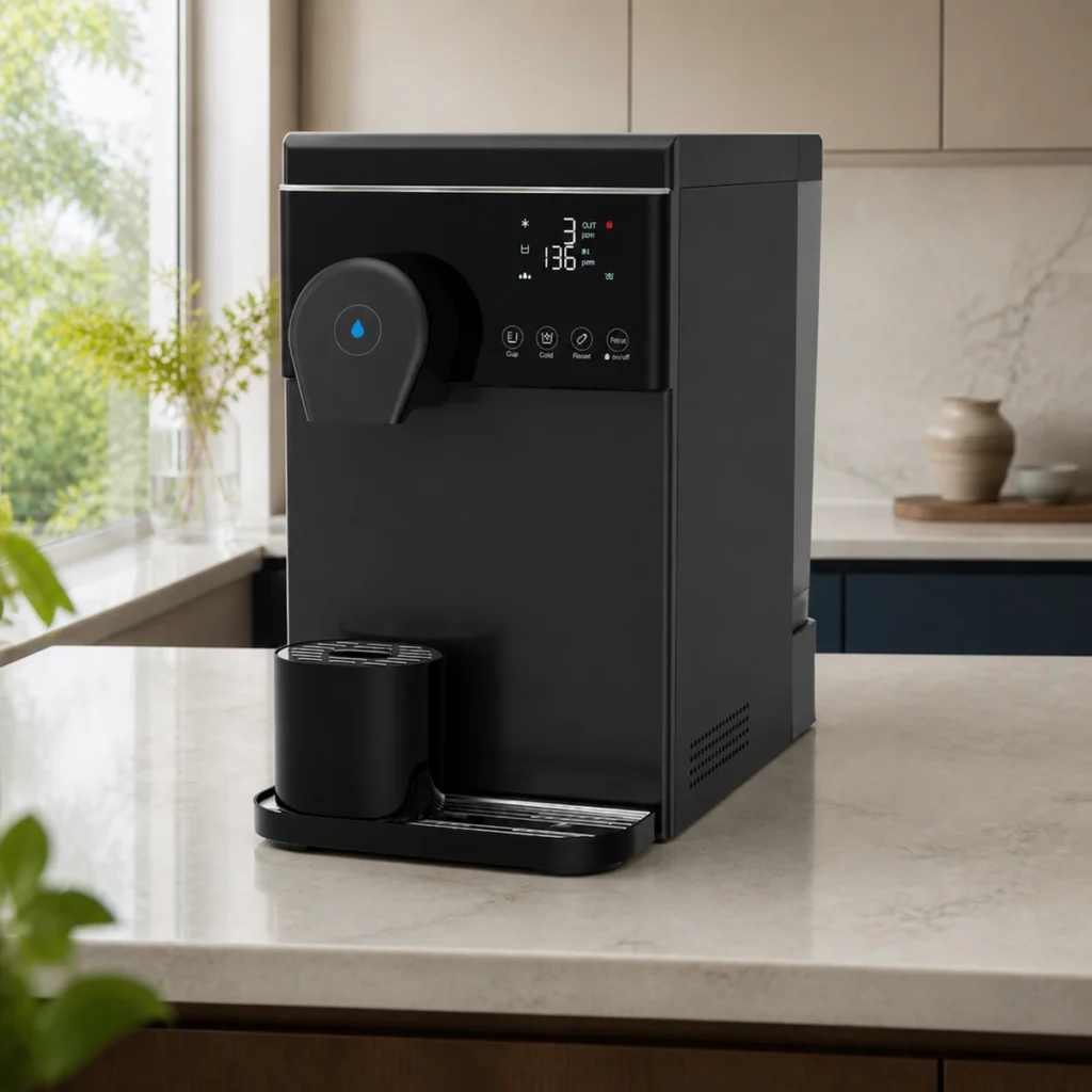 P60 countertop hot and cold RO dispenser integrated into a naturally lit modern kitchen