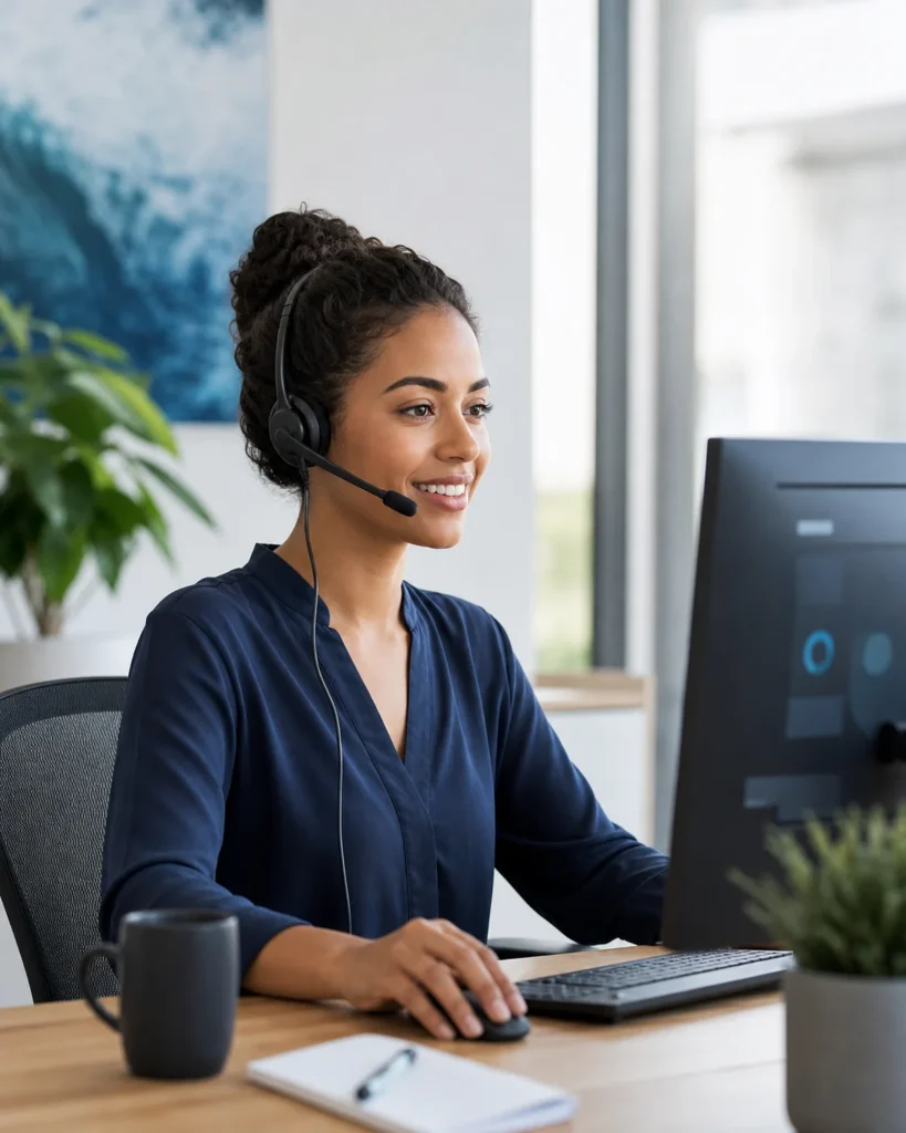 Customer support specialist wearing a headset at a computer