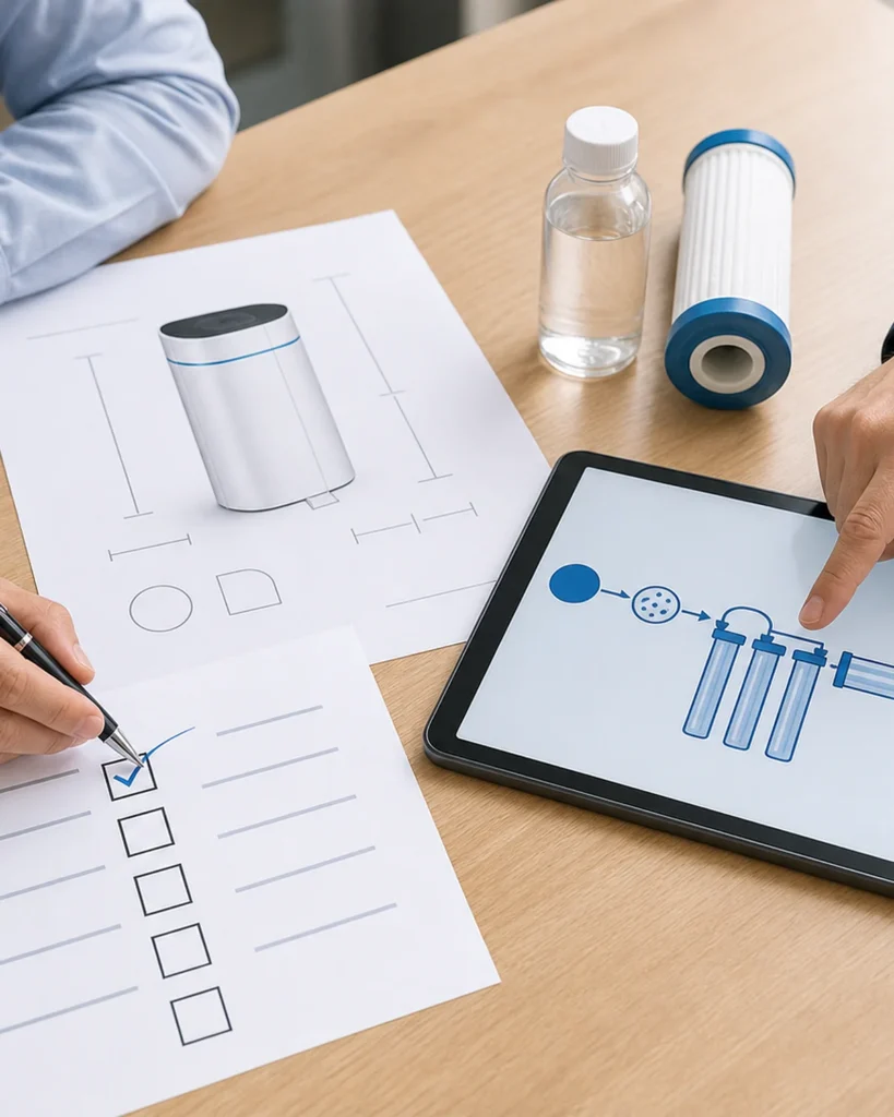 Water purification project consultation with product drawings, a sample filter cartridge, and a treatment process diagram