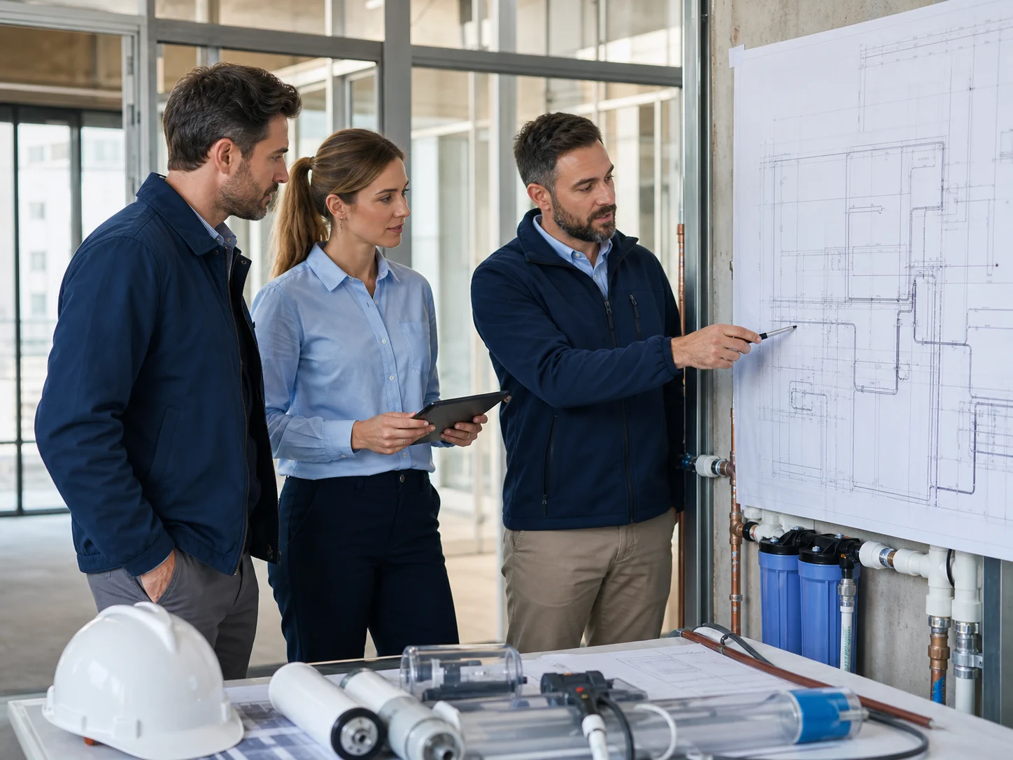 Illustrative AI-generated scene of a contractor team reviewing a commercial water-treatment project context.