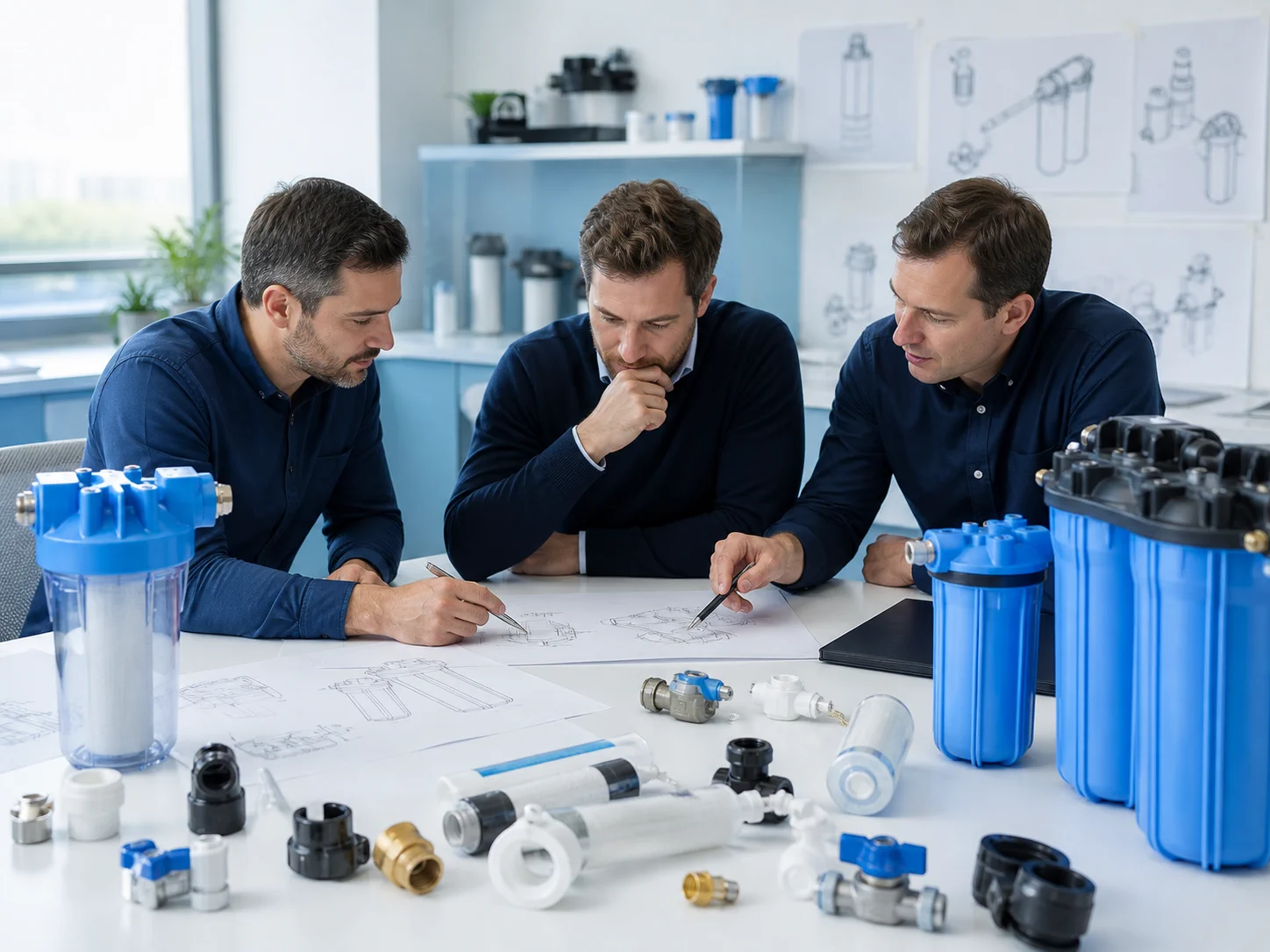 Team reviewing water treatment configuration drawings and filtration components