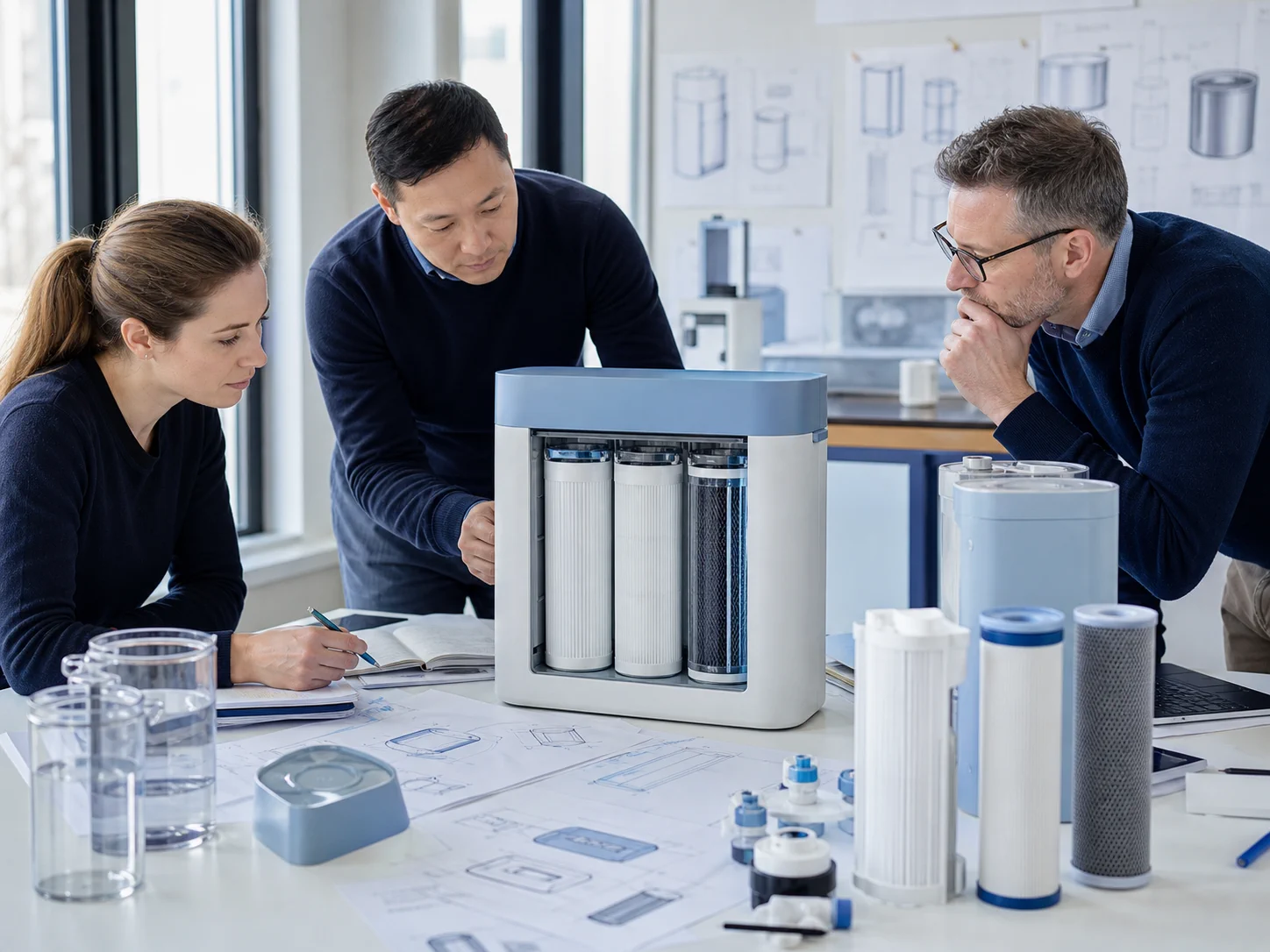 Team reviewing water treatment configuration drawings and filtration components