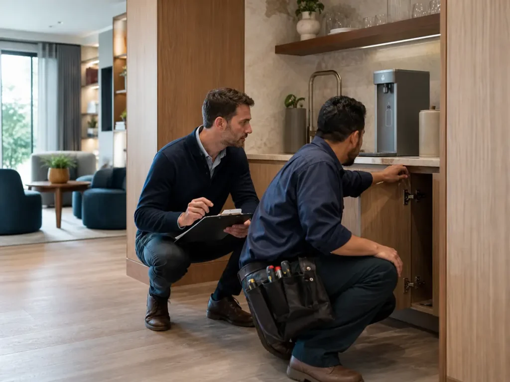 Property facilities colleagues checking cabinet access beside a shared apartment drinking point.