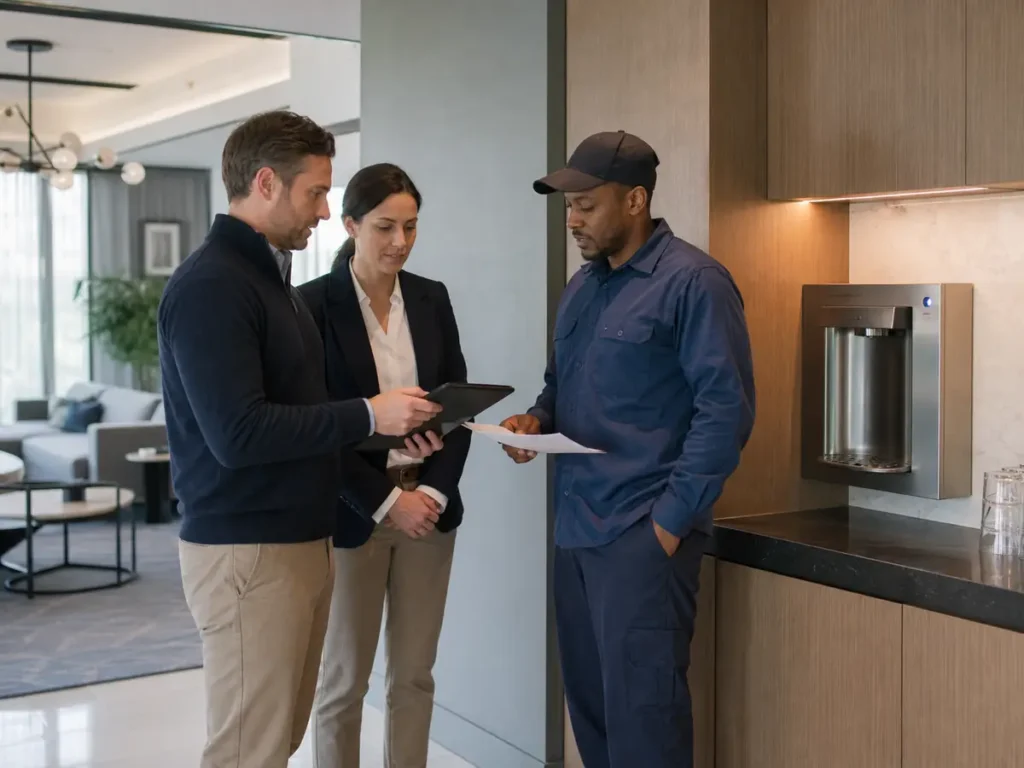 Property, service and installation colleagues coordinating beside an apartment drinking point.
