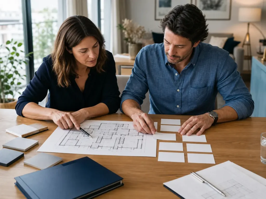 Property and procurement colleagues comparing kitchen points, service space and maintenance notes on an apartment plan.