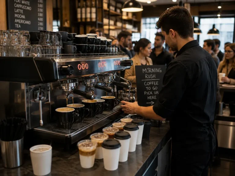 Coffee machine arranged at a commercial beverage-service counter.