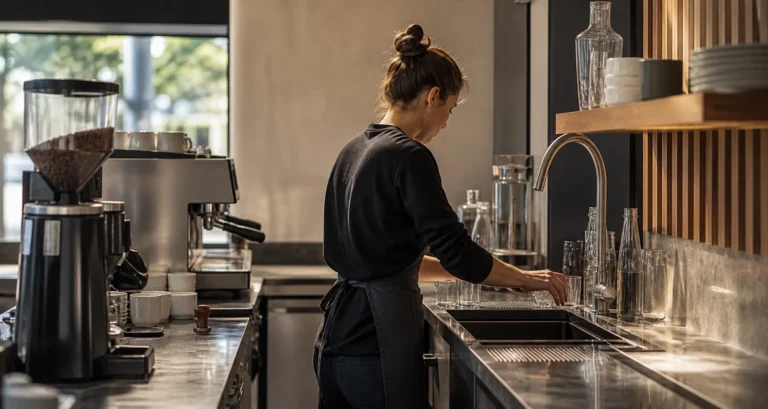 Café operator preparing a service station beside a sink and coffee equipment.