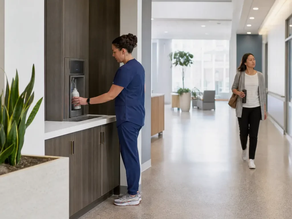 Hospital staff and visitors moving through a compact public drinking area.