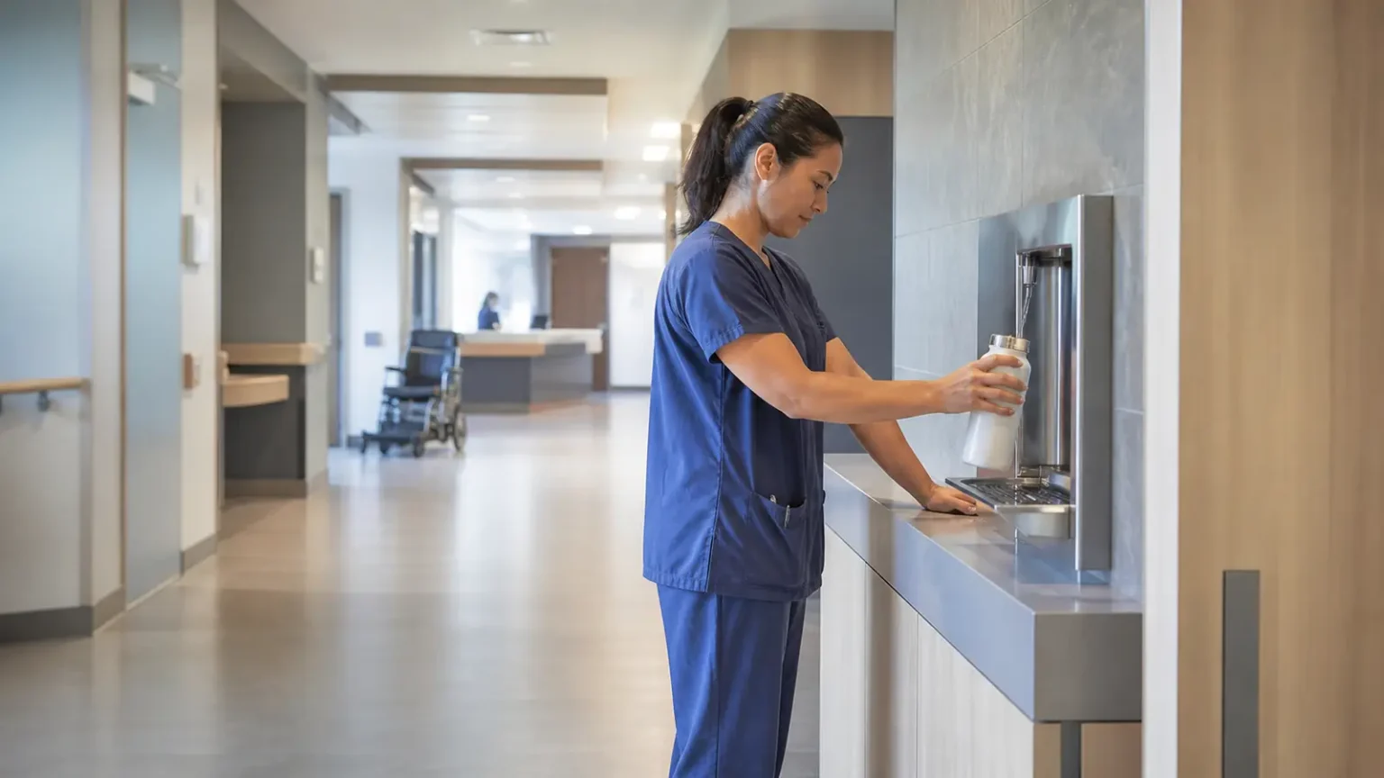 Hospital staff member filling a bottle at a non-clinical corridor drinking point.