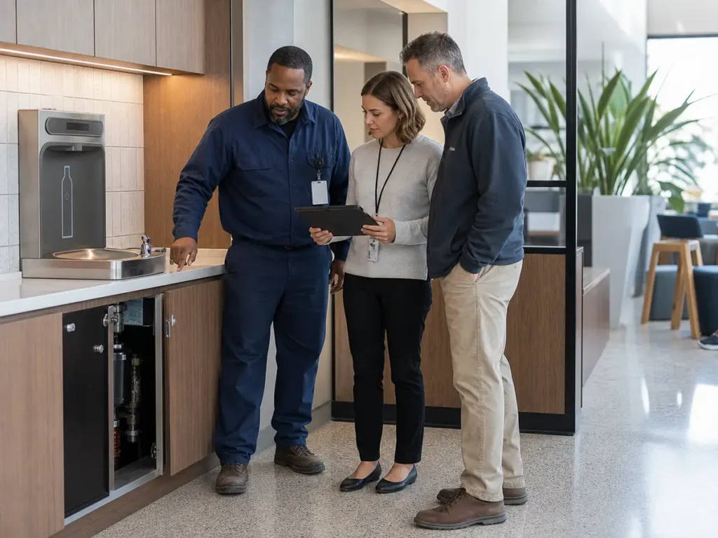 Facilities, procurement and service colleagues reviewing access beside a hospital drinking point.