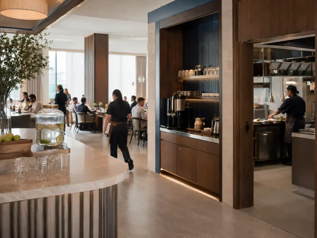 Guest, dining, beverage and back-of-house hotel zones operating at the same time.