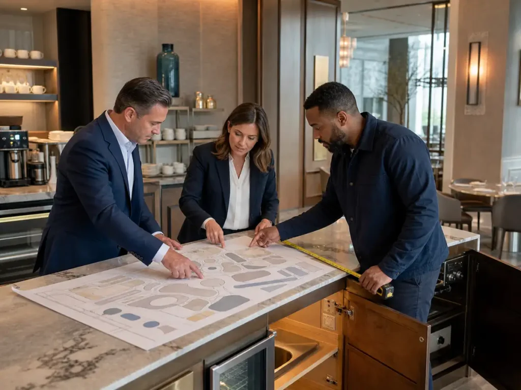 Hotel operations, procurement and facilities colleagues reviewing service locations and counter space.