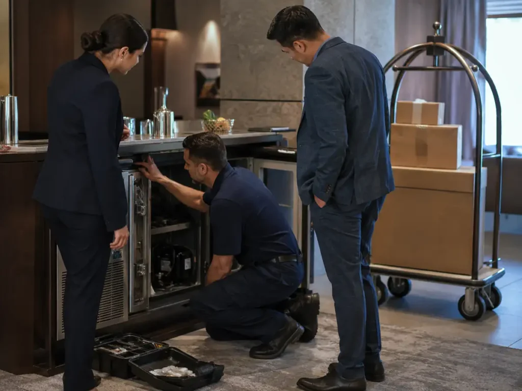 Hotel operations and technical service colleagues coordinating beside an open beverage-service cabinet.