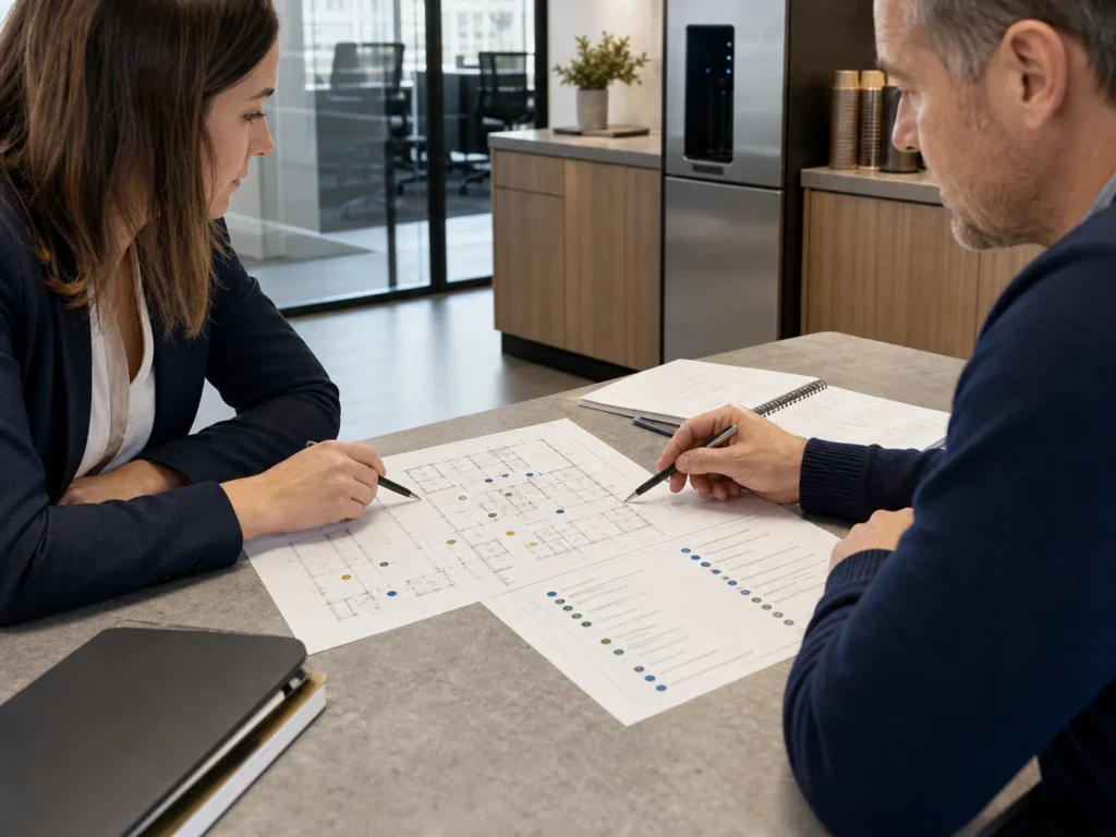 Office project team reviewing drinking-point locations and project inputs on a floor plan.