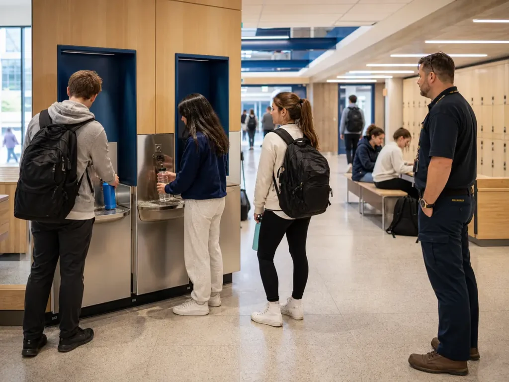 Students using several bottle-filling points while a facilities colleague observes the public area.