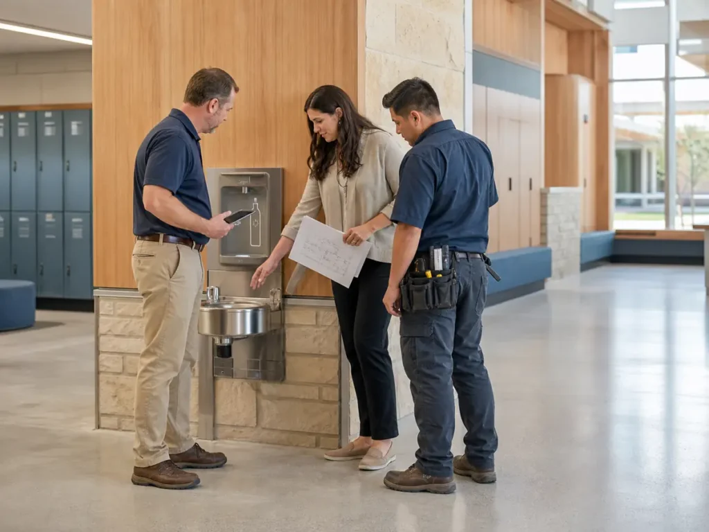 Facilities, service and installation colleagues coordinating beside a school drinking point.