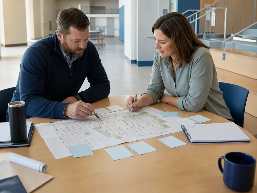Facilities staff reviewing drinking-point locations and maintenance notes in a school common area.
